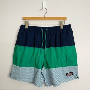 Vineyard Vines 7" Color Block Stripe Chappy Swim Trunks Green Navy Size Large